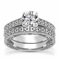 0.25 Carat Engraved Heart Bridal Ring Set in 14K White Gold
