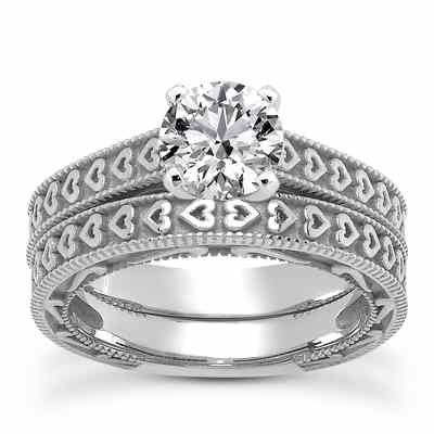 0.25 Carat Engraved Heart Bridal Ring Set in 14K White Gold -  - US-ENS3612WSET-25