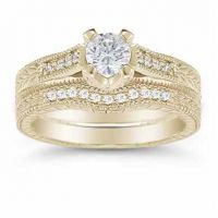 0.93 Carat Victorian Diamond Engagement Ring Set, 14K Yellow Gold