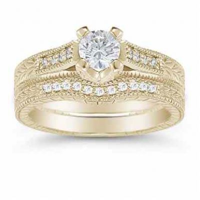 0.93 Carat Victorian Diamond Engagement Ring Set, 14K Yellow Gold -  - US-ENS1013-ABY