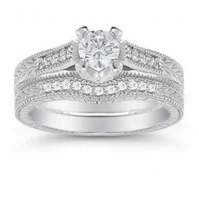 0.93 Carat Victorian Diamond Engagement Ring Set -  - US-ENS1013-AB
