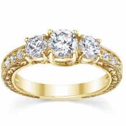0.94 Carat Three-Stone Floral-Carved Diamond Engagement Ring, Gold