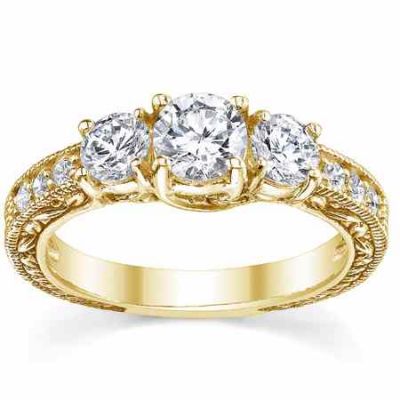 0.94 Carat Three-Stone Floral-Carved Diamond Engagement Ring, Gold -  - QDR-7Y