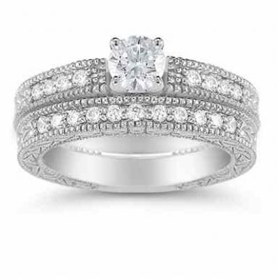 0.98 Carat Diamond Art Deco Engagement Ring Set -  - US-ENS395-AB