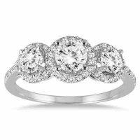 1 1/3 Carat Three-Stone Diamond Halo Ring in 14K White Gold