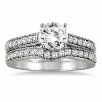 1 1/4 Carat Diamond Antique-Style Bridal Ring Set, 14K White Gold