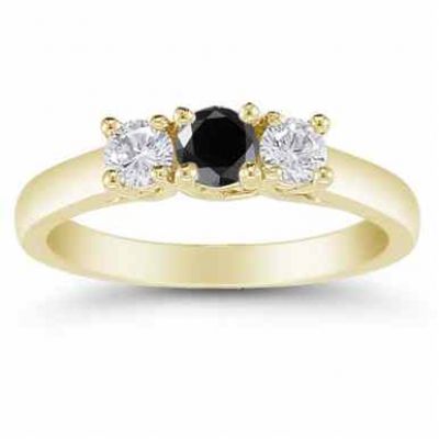1/2 Carat 3 Stone Black and White Diamond Ring, 14K Gold -  - AOGRG-608BLKDY