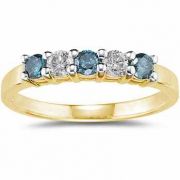 1/2 Carat 5 "Blue and White" Diamond Ring, 14K Yellow Gold