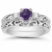 1/2 Carat Art Deco Amethyst Bridal Ring Set, 14K White Gold