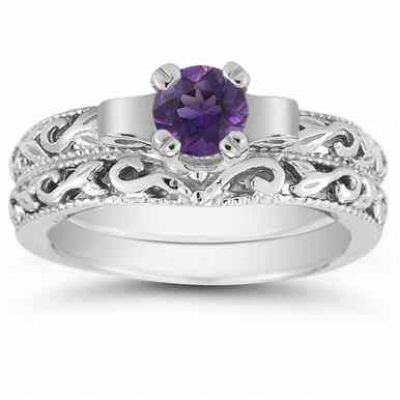 1/2 Carat Art Deco Amethyst Bridal Ring Set, 14K White Gold -  - EGR1434AMWSET