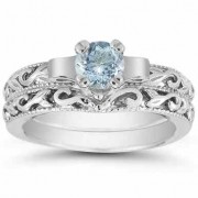 1/2 Carat Art Deco Aquamarine Bridal Ring Set, 14K White Gold