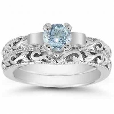 1/2 Carat Art Deco Aquamarine Bridal Ring Set, 14K White Gold -  - EGR1434AQWSET