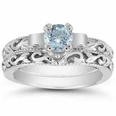 1/2 Carat Art Deco Aquamarine Bridal Ring Set, 14K White Gold - - EGR1434AQWSET 1/2 Carat Art Deco Aquamarine Bridal Ring Set, 14K White Gold - - EGR1434AQWSET