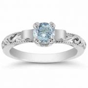 1/2 Carat Art Deco Aquamarine Engagement Ring, 14K White Gold