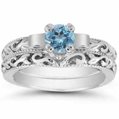 1/2 Carat Art Deco Blue Topaz Bridal Ring Set, 14K White Gold -  - EGR1434BTWSET