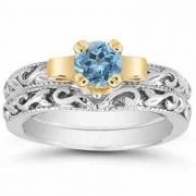 1 Carat Art Deco Blue Topaz Bridal Ring Set
