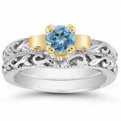1 Carat Art Deco Blue Topaz Bridal Ring Set -  - EGR3900BTSET