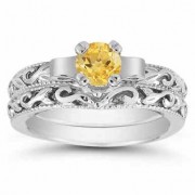 1/2 Carat Art Deco Citrine Bridal Ring Set, 14K White Gold