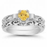 1/2 Carat Art Deco Citrine Bridal Ring Set, 14K White Gold