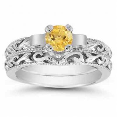 1/2 Carat Art Deco Citrine Bridal Ring Set, 14K White Gold -  - EGR1434CTWSET