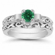 1/2 Carat Art Deco Emerald Birdal Ring Set, Sterling Silver