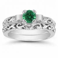 1/2 Carat Art Deco Emerald Birdal Ring Set, Sterling Silver