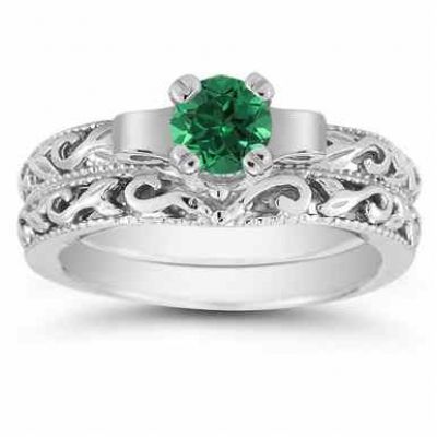 1/2 Carat Art Deco Emerald Birdal Ring Set, Sterling Silver -  - EGR1434EMSSSET