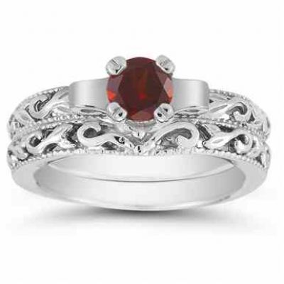1/2 Carat Art Deco Garnet Bridal Ring Set, 14K White Gold -  - EGR1434GTWSET