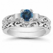 1/2 Carat Art Deco London Blue Topaz Bridal Ring Set, 14K White Gold