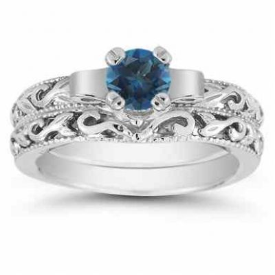 1/2 Carat Art Deco London Blue Topaz Bridal Ring Set, 14K White Gold -  - EGR1434LBTWSET