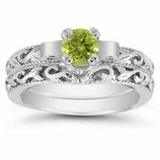 1/2 Carat Art Deco Peridot Bridal Ring Set, 14K White Gold