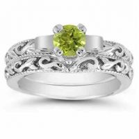 1/2 Carat Art Deco Peridot Bridal Ring Set, 14K White Gold
