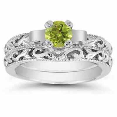 1/2 Carat Art Deco Peridot Bridal Ring Set, 14K White Gold -  - EGR1434PDWSET