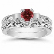1/2 Carat Art Deco Ruby Bridal Ring Set, 14K White Gold