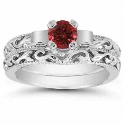 1/2 Carat Art Deco Ruby Bridal Ring Set, 14K White Gold -  - EGR1434RBWSET