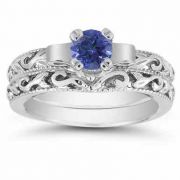 1/2 Carat Art Deco Sapphire Bridal Ring Set in Sterling Silver