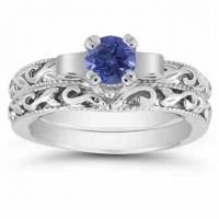 1/2 Carat Art Deco Sapphire Bridal Ring Set, 14K White Gold