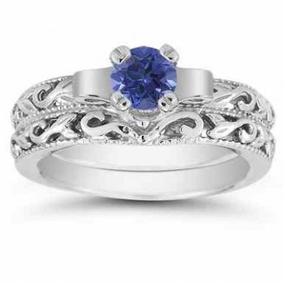 1/2 Carat Art Deco Sapphire Bridal Ring Set in Sterling Silver -  - EGR1434SPSSSET