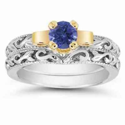 1/2 Carat Art Deco Sapphire Bridal Ring Set -  - EGR1434SPSET