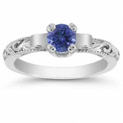 Art Deco Sapphire Engagement Ring, 14K White Gold -  - EGR1434SPW