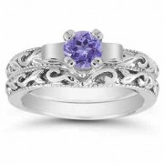 1/2 Carat Art Deco Tanzanite Bridal Ring Set, 14K White Gold