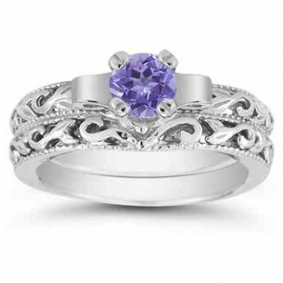1/2 Carat Art Deco Tanzanite Bridal Ring Set, 14K White Gold -  - EGR1434TZWSET