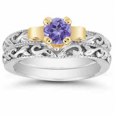 1/2 Carat Art Deco Tanzanite Bridal Ring Set -  - EGR1434TZSET