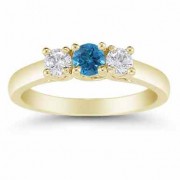 1/2 Carat Blue and White Diamond Three Stone Ring, 14K Gold