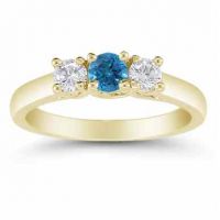 1/2 Carat Blue and White Diamond Three Stone Ring, 14K Gold