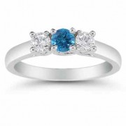 1/2 Carat Blue and White Diamond Three Stone Ring, 14K White Gold