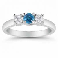 1/2 Carat Blue and White Diamond Three Stone Ring, 14K White Gold