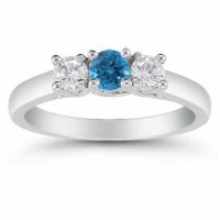 1/2 Carat Blue and White Diamond Three Stone Ring, 14K White Gold