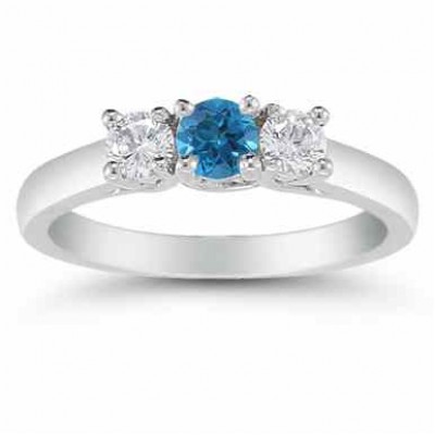 1/2 Carat Blue and White Diamond Three Stone Ring, 14K White Gold -  - AOGRG-608BLDW