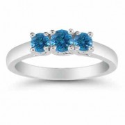 1/2 Carat Blue Diamond Three Stone Ring, 14K White Gold